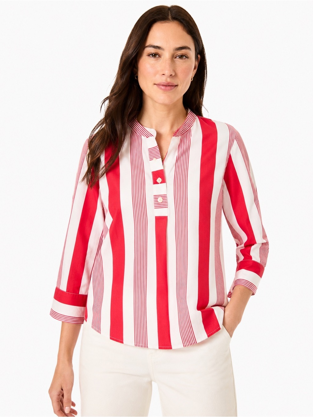 J.Crew Re-Imagined Red White Stripe Cotton Popover Blouse Medium M 3/4 Sleeve